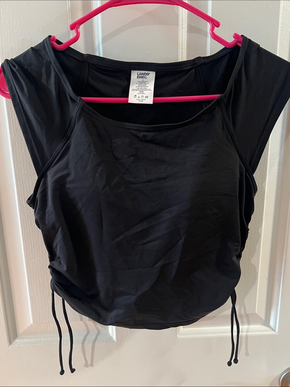Lands' End Black Short Sleeve Ruched Side Tie Swim Top